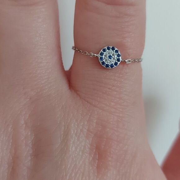 925 Sterling Silver Platinum Plated Blue Eye Chain Ring - Picture 3 of 5